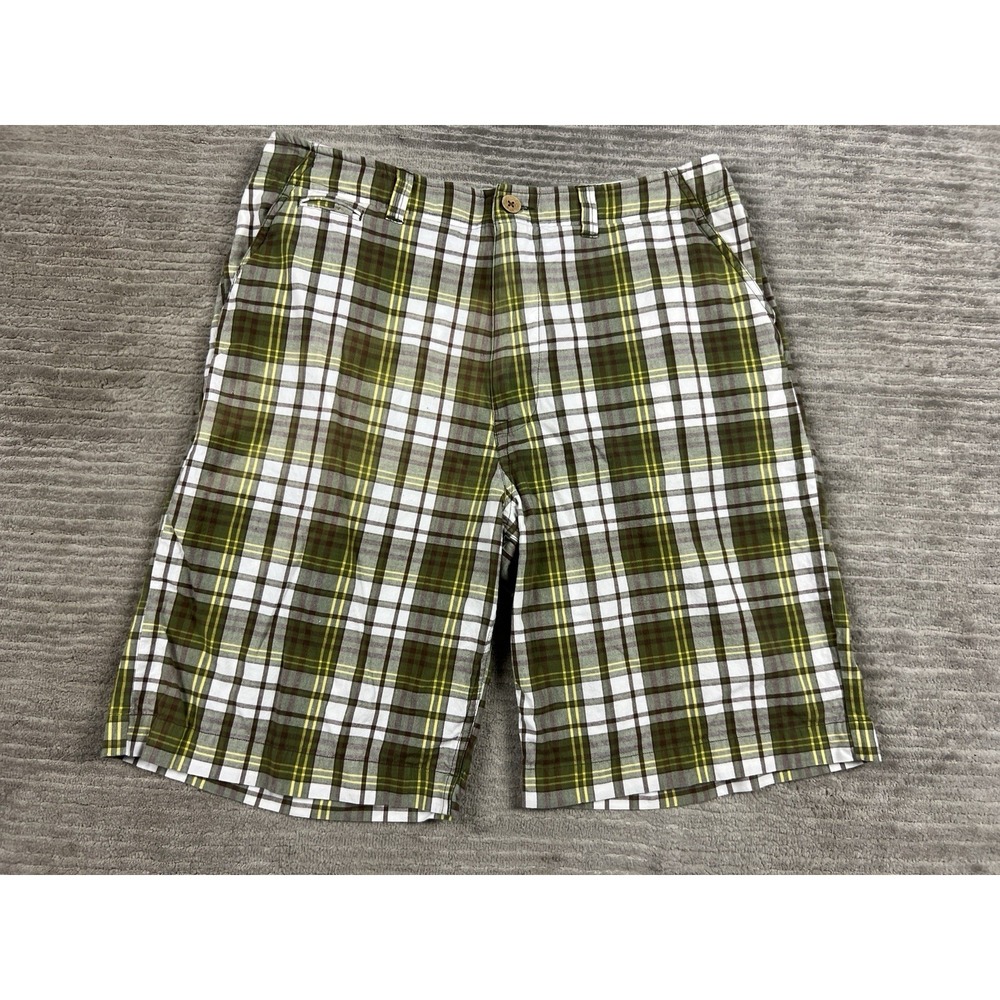 Colorado Shorts Mens 34 Green Plaid Madras Chino 100% Cotton Outdoors Flat Front
